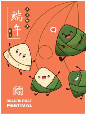 Klasik Çin mantısı çizgi film karakteri. Ejderha teknesi festivali illüstrasyonu. (Başlık: Ejder Gemisi Festivali, 5 Mayıs, Mutlu Festivaller)