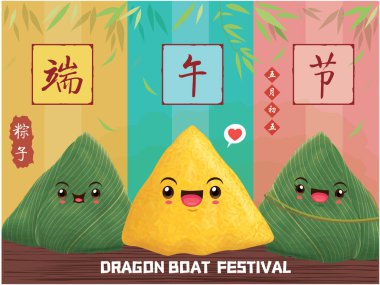 Vintage Chinese rice dumplings cartoon character. Dragon boat festival illustration.(caption: Dragon Boat festival, 5th day of may, Happy Festival, Chinese rice dumplings)