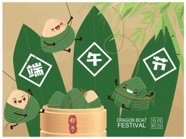 Klasik Çin mantısı çizgi film karakteri seti. Ejderha teknesi festivali illüstrasyonu. - Evet. (Başlık: Ejder Gemisi Festivali, 5 Mayıs, Mutlu Festival, Çin pirinç köftesi, zongzi)