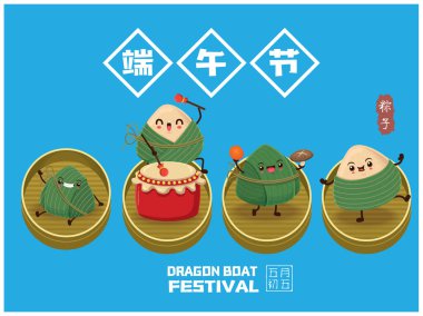 Klasik Çin mantısı çizgi film karakteri seti. Ejderha teknesi festivali illüstrasyonu. - Evet. (Başlık: Ejder Gemisi Festivali, 5 Mayıs, Mutlu Festival, Çin pirinç köftesi, zongzi)