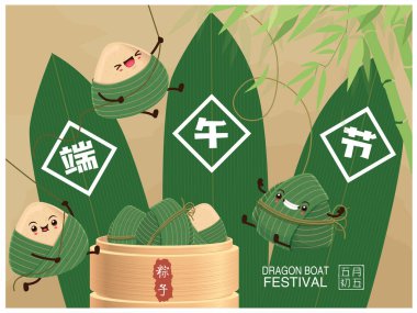 Klasik Çin mantısı çizgi film karakteri seti. Ejderha teknesi festivali illüstrasyonu. - Evet. (Başlık: Ejder Gemisi Festivali, 5 Mayıs, Mutlu Festival, Çin pirinç köftesi, zongzi)