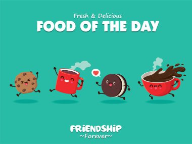 Vektör bisküvi ve kahve karakterli klasik yemek posteri tasarımı.