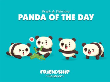 Vektör panda karakterli klasik poster tasarımı. 