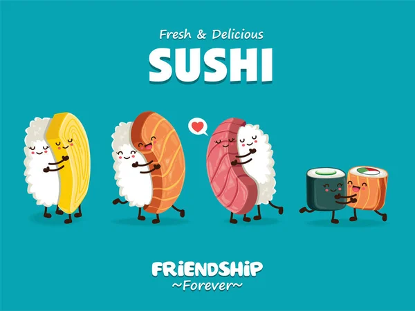 Vintage Sushi Poster Design Con Personaggio Sushi Vettoriale — Vettoriale Stock