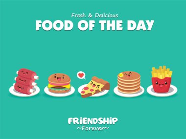 Pizza, burger, patates kızartması, kaburga, krep karakterli klasik yemek posteri tasarımı..