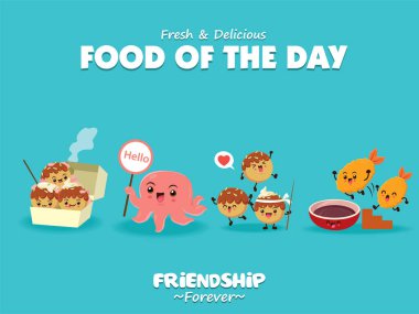 Vektör takoyaki karakterli klasik Japon yemek posteri tasarımı. 