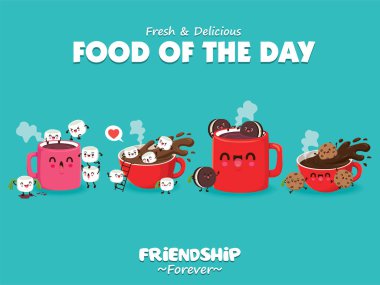 Vektör bisküvi ve kahve karakterli klasik yemek posteri tasarımı.