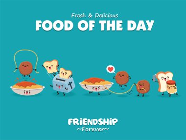 Vektör tost makinesi, ekmek, tost, spagetti ve köfte karakterli klasik poster tasarımı. 