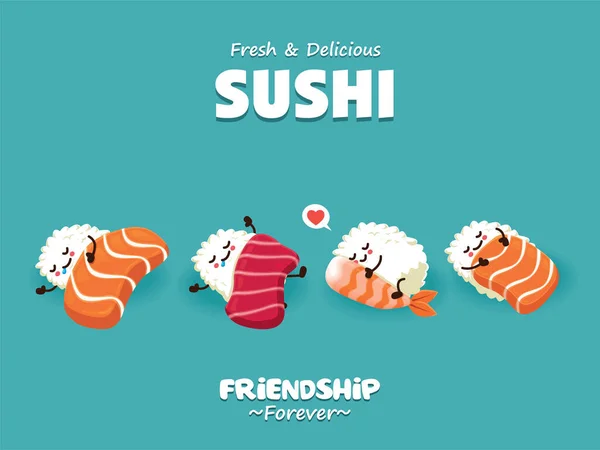 Design Cartaz Sushi Vintage Com Personagens Sushi Vetorial — Vetor de Stock