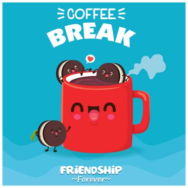 Vektör bisküvi ve kahve karakterli klasik yemek posteri tasarımı.