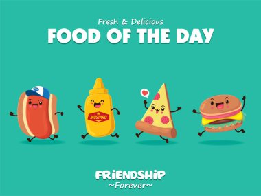 Sosisli, pizza, hardal, hamburger karakterli klasik yemek posteri tasarımı..