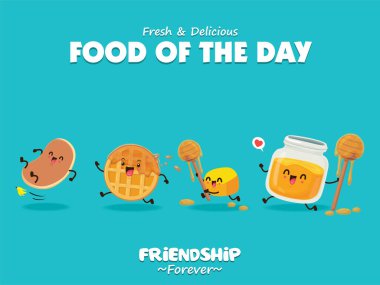 Vektör gözleme, waffle, tereyağı, bal karakterli klasik poster tasarımı. 