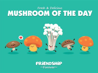 Vektör mantar karakter setli klasik yemek posteri tasarımı.