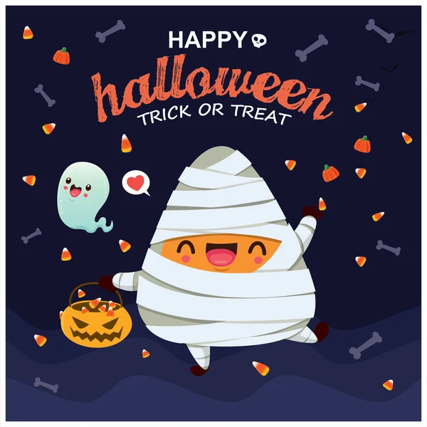 Desain Poster Halloween Kuno Dengan Mumi Vektor Karakter Hantu - Stok Vektor