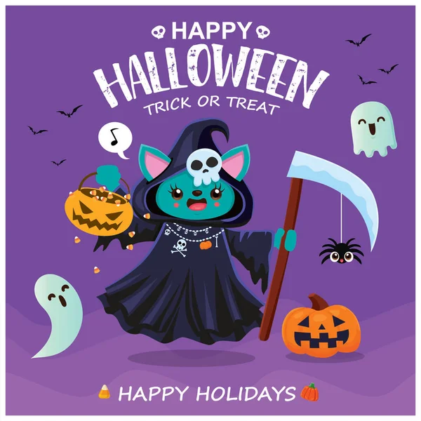 Vektör biçici ve kedi karakterli klasik Cadılar Bayramı poster tasarımı. 