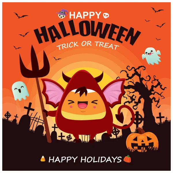 Vintage Halloween Plakat Projekt Wektor Demon Diabeł Czarownica Duch Postać — Wektor stockowy