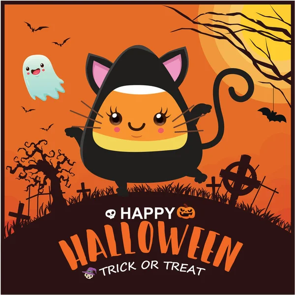 Design Cartaz Halloween Vintage Com Vetor Fantasma Bruxa Personagem Morcego — Vetor de Stock