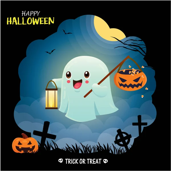 Design Cartaz Halloween Vintage Com Caráter Fantasma Vetorial — Vetor de Stock