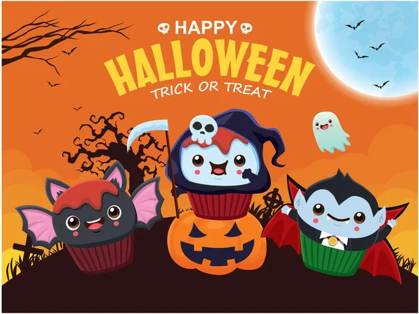 Desain Poster Halloween Kuno Dengan Vektor Kelelawar Malaikat Maut Vampir - Stok Vektor