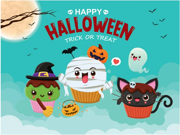 Vintage Halloween Plakát Design Vektorem Čarodějnice Mumie Duch Kočka Cupcake — Stockový vektor