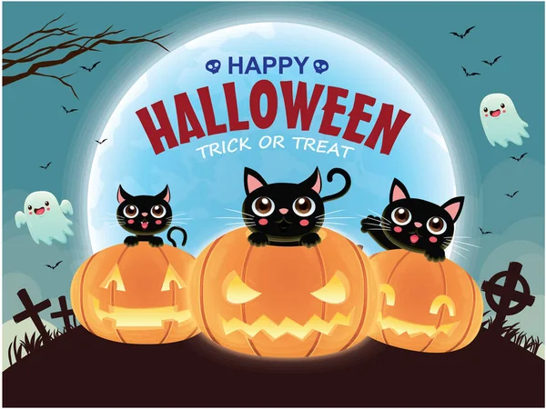 Design Cartaz Halloween Vintage Com Gato Vetor Personagem Abóbora — Vetor de Stock