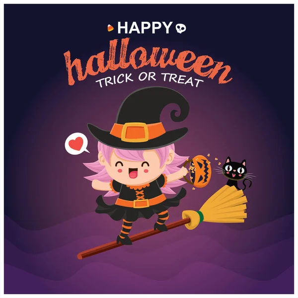 Diseño Póster Halloween Vintage Con Carácter Bruja Vectorial — Archivo Imágenes Vectoriales