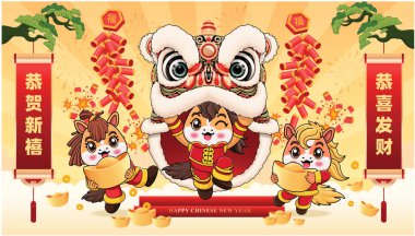 Atlı klasik Çin yılbaşı poster tasarımı. Çince 'de 