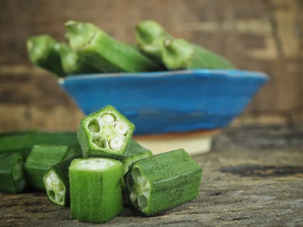 Green Okra Wood Background — Stock Photo, Image