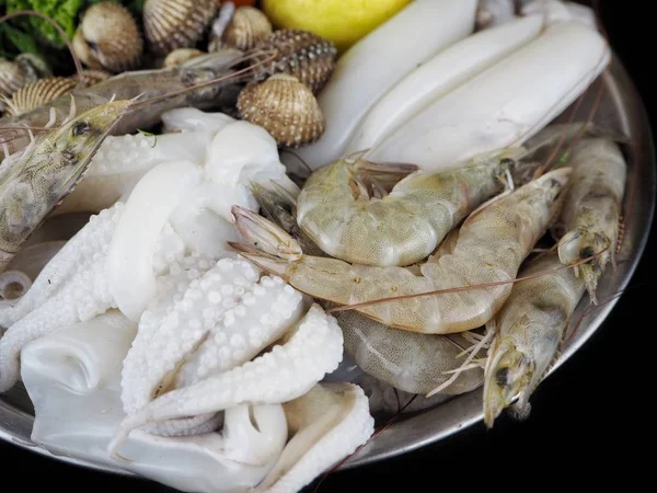 Seafood Sqiud Shrimp Cockle Black Background — Stock Photo, Image