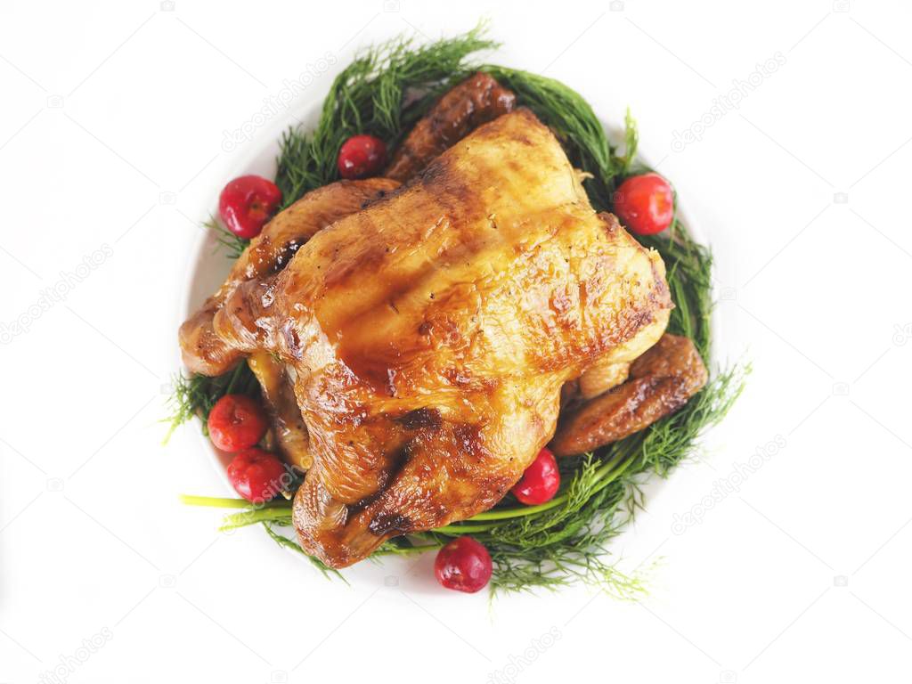 Roasted turkey and vegetables isolated white background for thanksgiving day