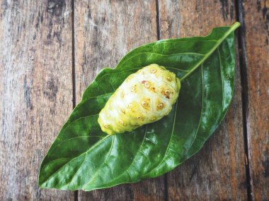 Noni tropikal meyve ahşap arka plan üzerinde