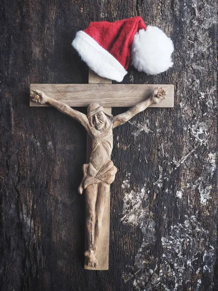 Croce Con Cappello Natale Sullo Sfondo Primo Piano — Foto Stock
