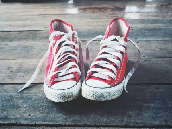Red Sneakers Wood Background — Stock Photo, Image