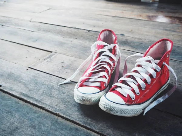 Red Sneakers Wood Background — Stock Photo, Image
