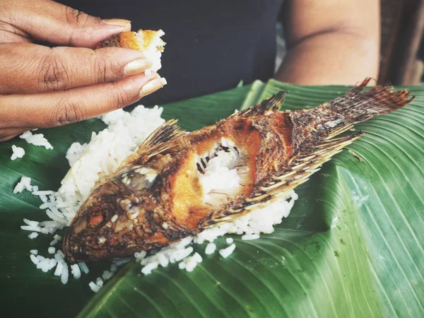 Τρώει Τηγανητό Ψάρι Ρύζι Και Χέρι Στην Πράσινη Μπανάνα Φύλλα — Φωτογραφία Αρχείου