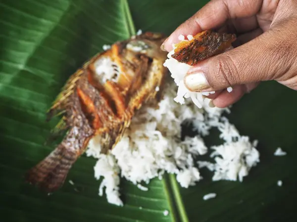 Essen Gebratener Fisch Mit Reis Und Hand Auf Grünen Bananenblättern — Stockfoto