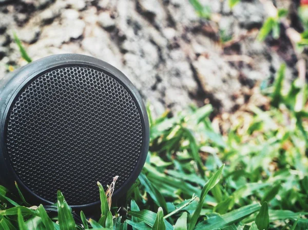 Black Bluetooth Speaker Green Grass — Stock Photo, Image