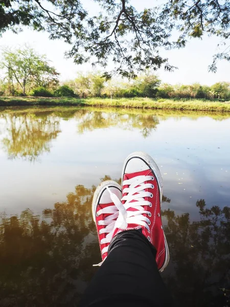 Selfie Red Sneakers Lifestyle Cool — Stock Photo, Image