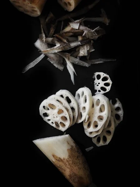 Lotus Root Zwarte Achtergrond Chinees Eten — Stockfoto