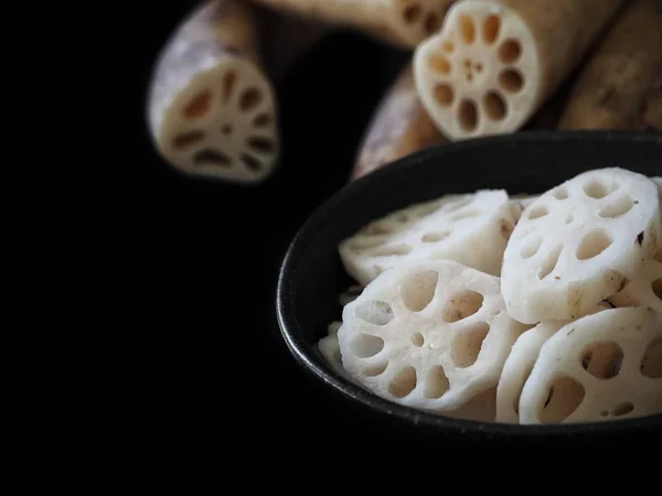 Raíz Loto Sobre Fondo Negro Comida China —  Fotos de Stock