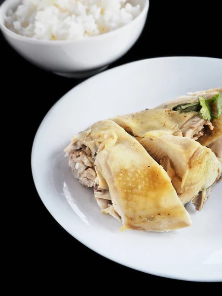 Ayam Rebus Dengan Nasi Makanan Cina Dengan Latar Belakang Hitam — Stok Foto