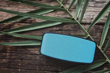 Bluetooth hoparlörü ve tahta arkaplanda bırakır
