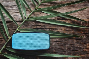 Bluetooth hoparlörü ve tahta arkaplanda bırakır