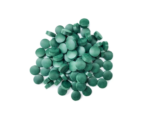 Spirulina Pillen Van Blauw Groene Algen Een Witte Achtergrond Met — Stockfoto