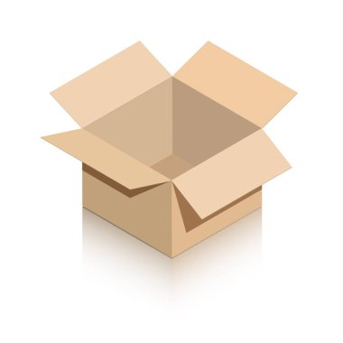 Minyatür, açık karton bir kutu hazırla. Beyaz arkaplanda ikonlar, reklamlar ve web sitesi içeriği için ayna gölgesi olan bir nesne. Isometric tarzı.