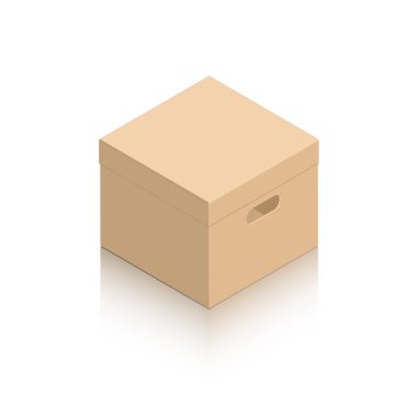 Minyatür kapalı bir karton kutunun ve oyulmuş sapların yerleşimi. Beyaz arkaplanda ikonlar, reklamlar ve web sitesi içeriği için ayna gölgesi olan bir nesne. Isometric tarzı.