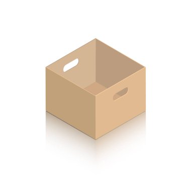 Minyatür, açık bir karton kutu ve oyulmuş saplar. Beyaz arkaplanda ikonlar, reklamlar ve web sitesi içeriği için ayna gölgesi olan bir nesne. Isometric tarzı.