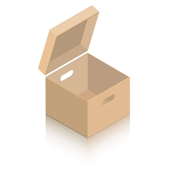 Açık Menteşeli Kapağı Olan Minyatür Bir Karton Kutunun Düzeni Beyaz — Stok Vektör