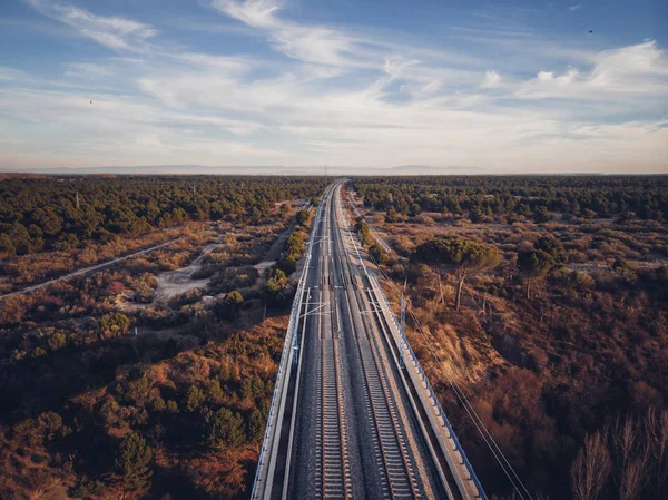 Aerial view of train tracks on a bridge.