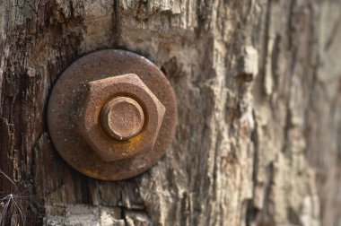 Ahşap direk üzerinde eski pas somun, bina ahşap malzeme açık havada.